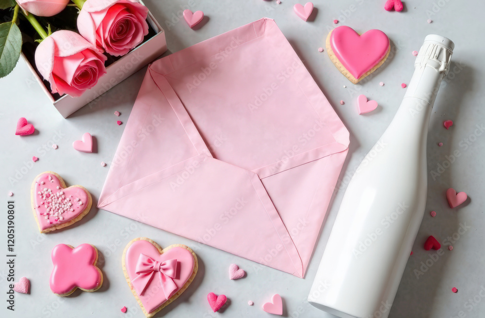 Romantic pink envelope and bottle with roses and heart-shaped cookies Romantic pink envelope and bottle with roses and heart-shaped cookies