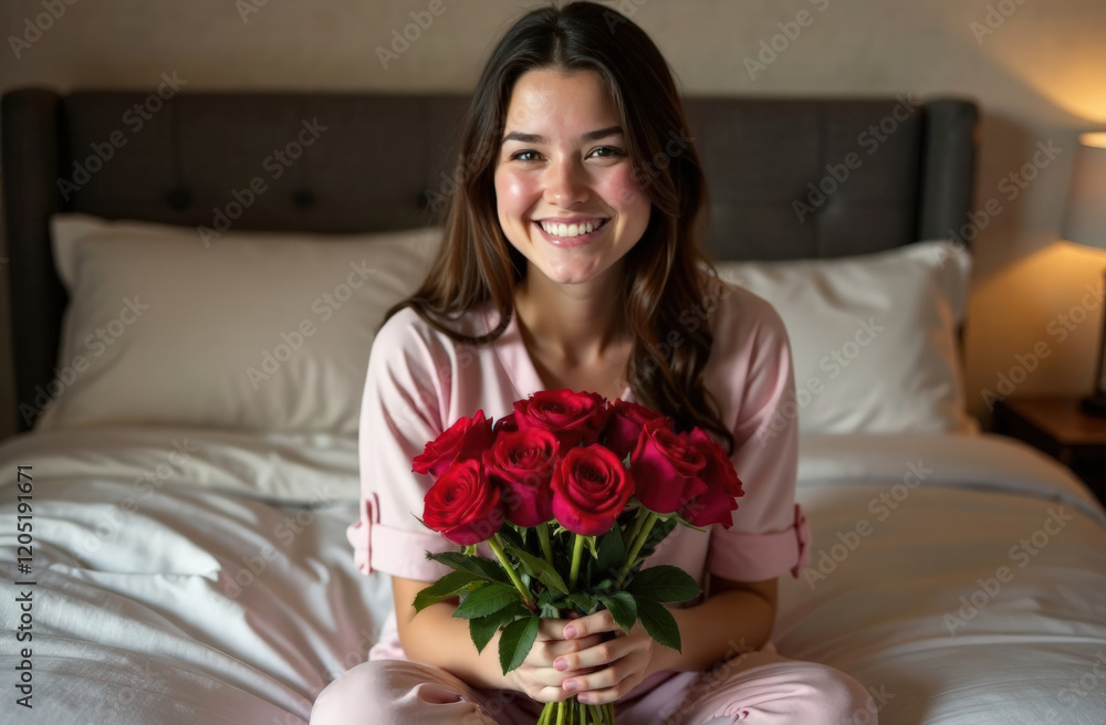 Smiling young caucasian female holding red roses on bed in cozy bedroom