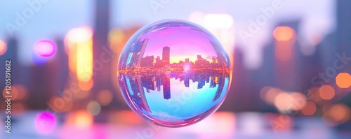 Beyond Imagination concept. A cyberpunk metropolis reflected upside-down in a hovering mirror-like sphere, dual realities photo