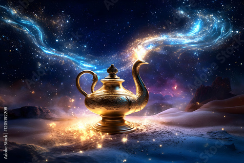 Golden ornate teapot pours ...