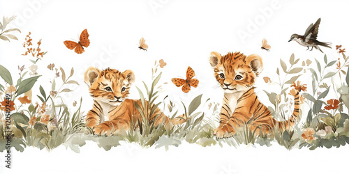 Two baby tigers are sitting in a field with butterflies flying around them