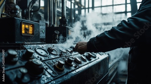 A worker's hand adjusting machinery controls in a steam-filled industrial setting, showcasing a blend of technology and manual labor. photo