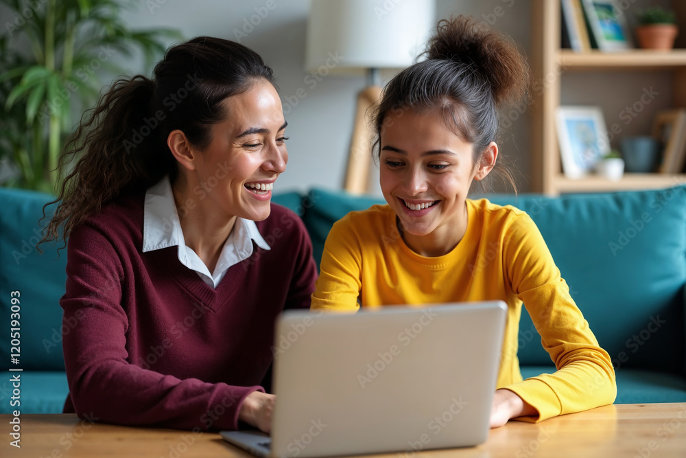 Mother and daughter discussing in front of Laptop in a Cozy Living Room Mother and daughter discussing in front of Laptop in a Cozy Living Room