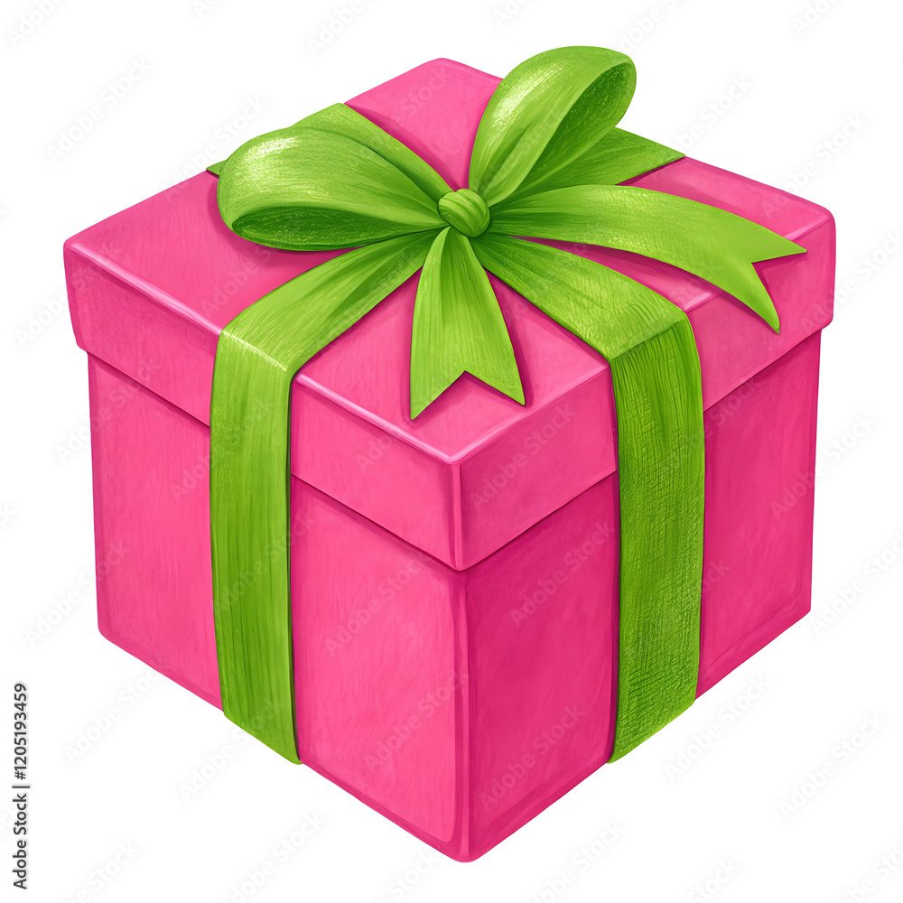 Fototapeta premium Pink Gift Box with Green Ribbon: A vibrant pink gift box adorned with a cheerful green ribbon, perfect for conveying celebration, joy, and the excitement of giving.