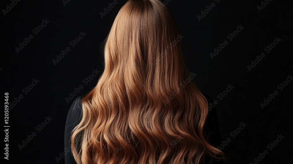 Fototapeta premium Long wavy hair, woman's back, dark background, studio shot, haircare
