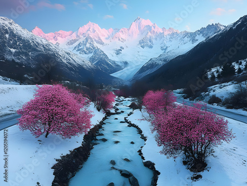 Pink trees bloom beside a f...