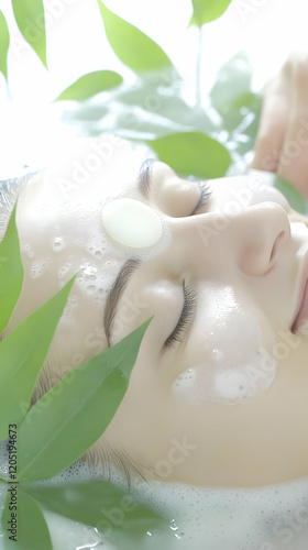 Woman relaxes in a milk bat...