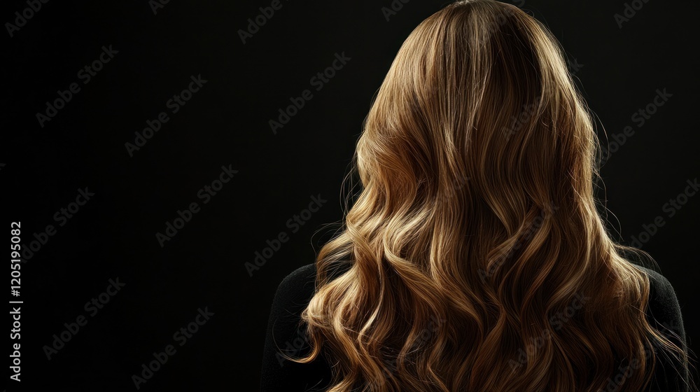 Woman's long wavy blonde hair, rear view, dark background, beauty salon Woman's long wavy blonde hair, rear view, dark background, beauty salon