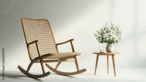 A vintage-inspired rattan rocking chair with a delicate woven back and seat photo