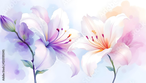 Illustrate a love story between two flowers, their petals intertwining in a vibrant watercolor dance