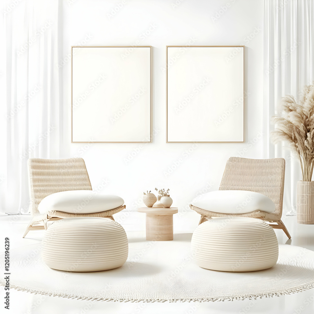 Two Blank Canvases on a White Wall with Wicker Chairs and Decor Accents on a White Rug. Two Blank Canvases on a White Wall with Wicker Chairs and Decor Accents on a White Rug.