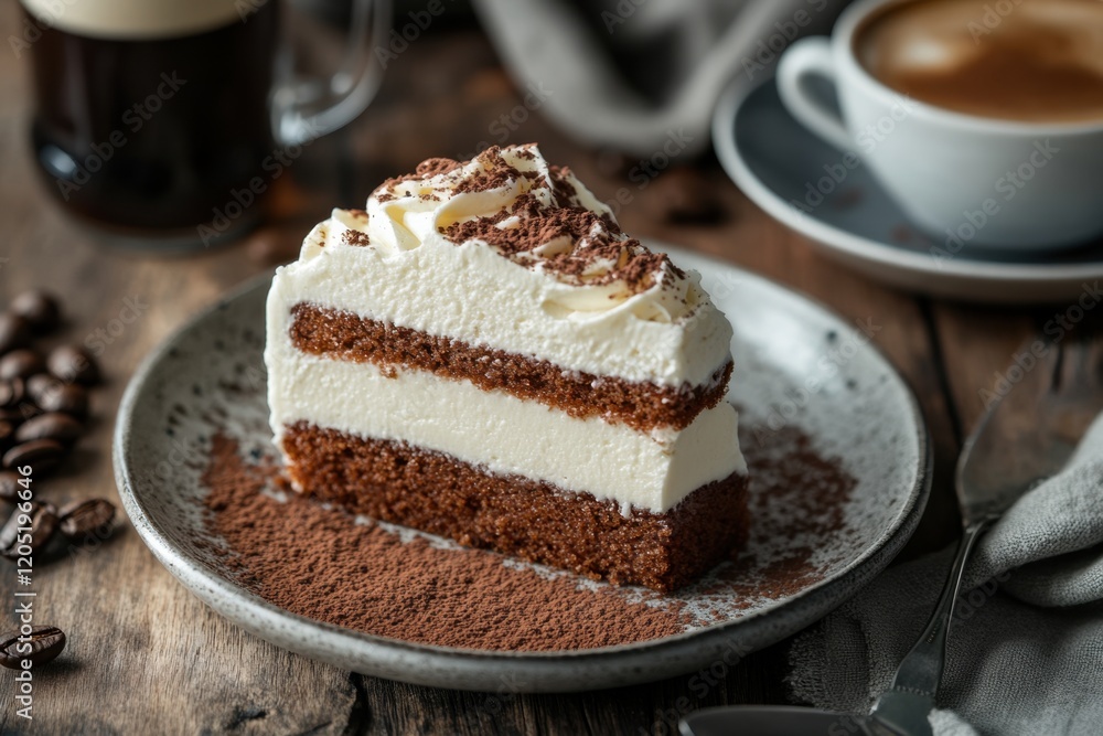 A detailed shot of a slice of coffee-flavored cake topped with whipped cream, served with an espresso A detailed shot of a slice of coffee-flavored cake topped with whipped cream, served with an espresso