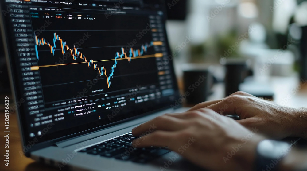 A person is typing on a laptop with a stock market graph on the screen A person is typing on a laptop with a stock market graph on the screen