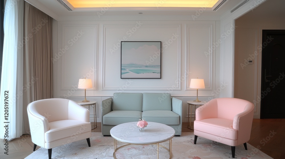 Fototapeta premium Stylish living room furniture arrangement modern apartment interior design cozy atmosphere wide-angle view aesthetic appeal