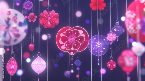 Hanging Decorative Paper Flowers and Lanterns Festive Display