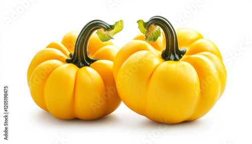 Two vibrant yellow pumpkins on white background, showcasing fresh autumn produce for decoration and cooking inspiration. photo