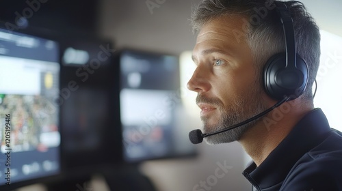 Customer Service Representative Engaged in Identity Verification Call at a Patient Center with Modern Monitors and Headset in a Bright Environment
