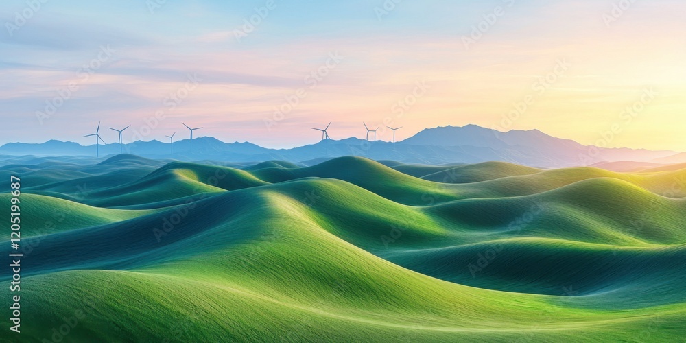 Golden hour panoramic view of rolling hills with wind turbines sustainable landscape nature scenic perspective Golden hour panoramic view of rolling hills with wind turbines sustainable landscape nature scenic perspective