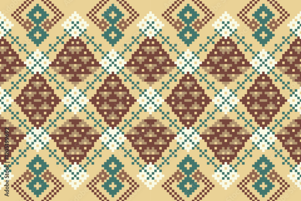 Fototapeta premium Cross Stitch pattern with Floral Designs. Traditional cross stitch needlework. Geometric Ethnic pattern, Embroidery, Textile ornamentation, fabric, Hand stitched pattern, Cultural stitching pixel art.