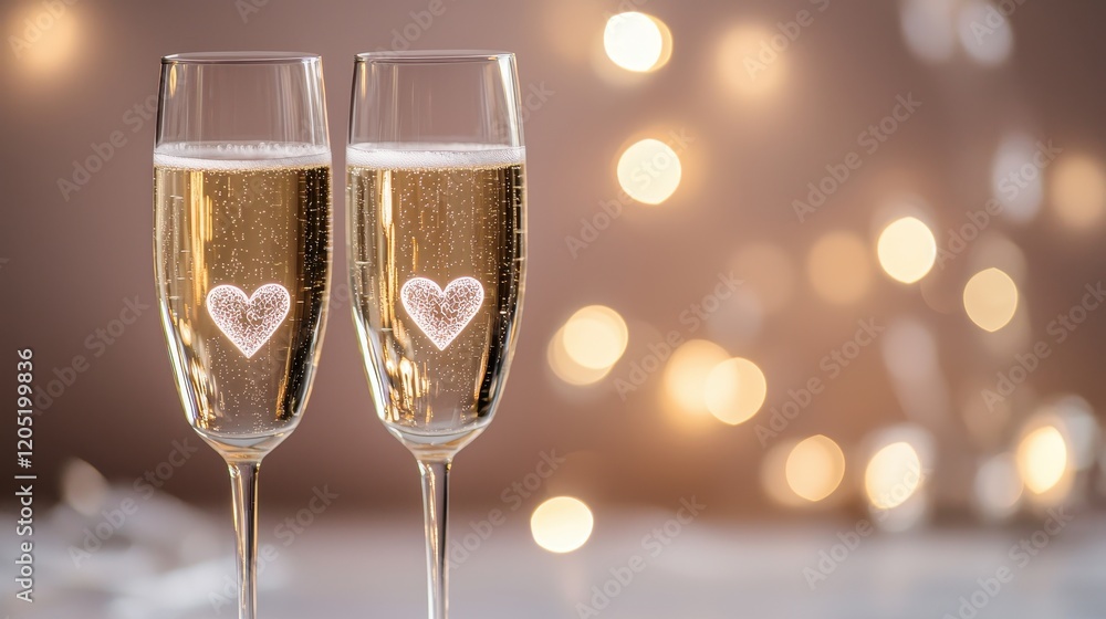 Two elegant champagne flutes with heart designs, filled with bubbly, against a soft, sparkling background, perfect for celebrations. Two elegant champagne flutes with heart designs, filled with bubbly, against a soft, sparkling background, perfect for celebrations.