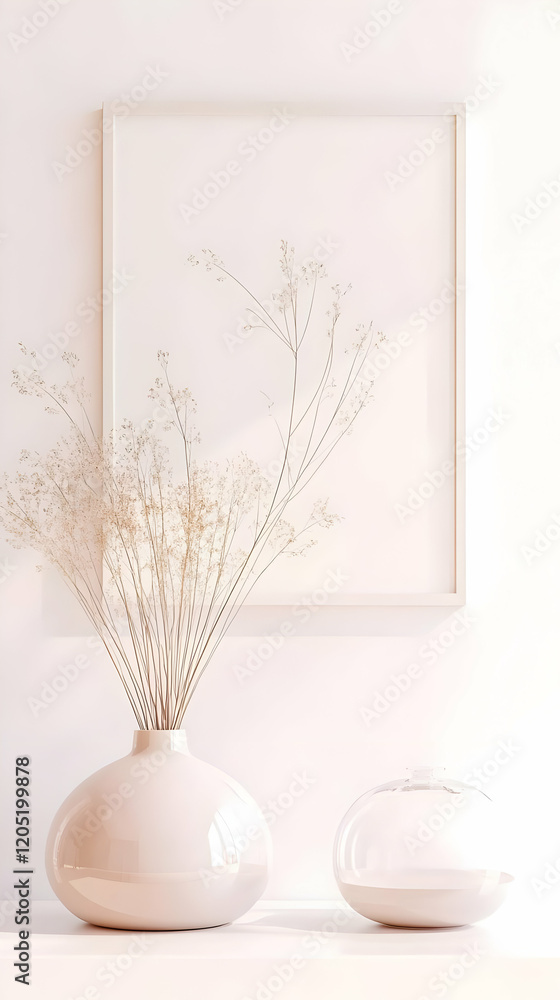 Dried Flowers in a Vase Next to a Picture Frame and Decorative Glass Sphere on a Shelf Dried Flowers in a Vase Next to a Picture Frame and Decorative Glass Sphere on a Shelf