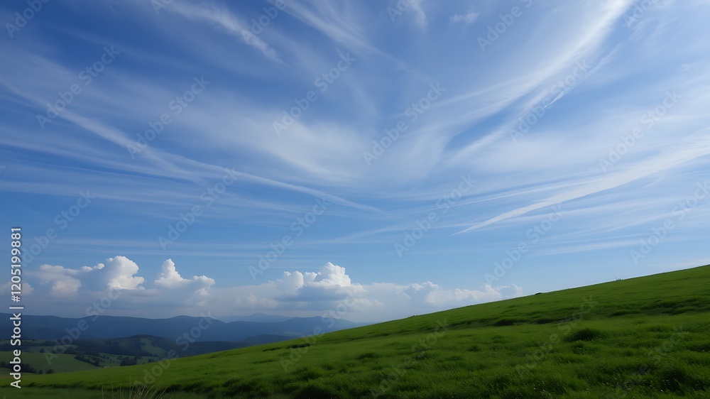 Fototapeta premium Serene landscape photograph of a rolling green hill under a vast blue sky with wispy cirrus clouds and distant mountains.