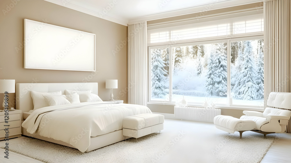 Fototapeta premium Modern white bedroom interior displays a snowy winter landscape viewed from the window serenely.