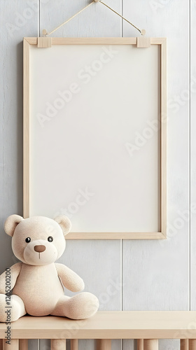 Blank Frame Mockup Hangs on Wall with Teddy Bear Sitting on Shelf