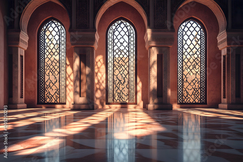 Sunlit Arabian Palace Interior:  Magnificent Architecture and Intricate Design photo