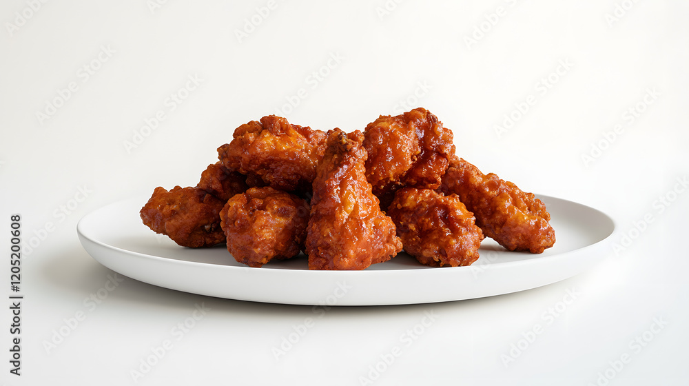 Golden-brown chicken wings, piled high on a white plate. Golden-brown chicken wings, piled high on a white plate.