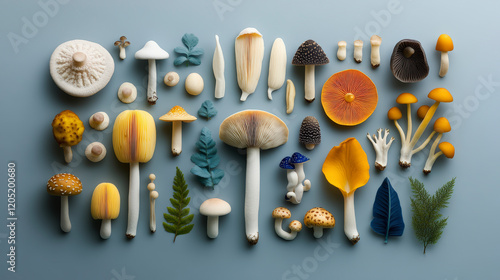 Colorful mushroom varieties displayed against a blue background, showcasing diverse fungi shapes and textures for nature photography enthusiasts. photo