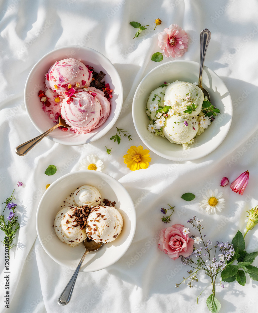 Spring garden ice cream collection: Rhubarb rose, lilac honey, fresh mint, and strawberry elderflower ice creams in colorful bowls Spring garden ice cream collection: Rhubarb rose, lilac honey, fresh mint, and strawberry elderflower ice creams in colorful bowls