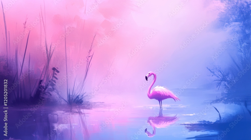 Fototapeta premium Pastel-Hued Robotic Flamingo Wading in Data Lake Under Soft Reflection and Ambient Lighting with Stylized Lakeside Reeds in Ar Standard Version 2