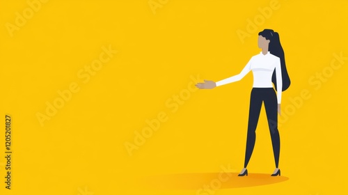 Playful Cartoon Illustration of an HR Manager Welcoming a New Hire with a Large Handshake Gesture Against a Bright Minimalist Yellow Background