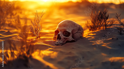 Skull in desert sand at golden hour. Perfect for post-apocalyptic themes, desert survival, or environmental warnings. photo