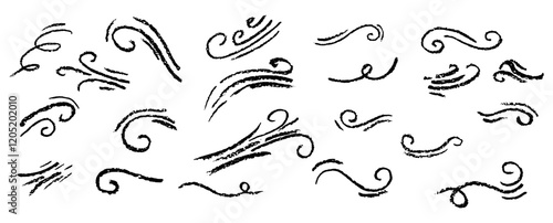 Set of black motion lines. Collection of modern abstract wind symbols. Hand drawn by wax, chalk or charcoal pen cartoon curly squiggle, craft weather hurricane sign. Vector illustration