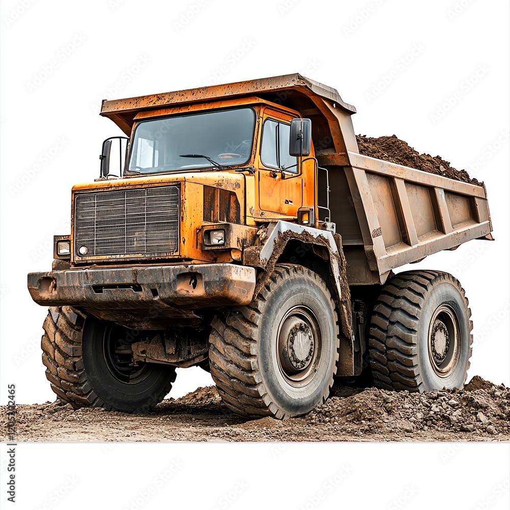 A large, orange dump truck loaded with dirt, featuring rugged tires, parked on a construction site. A large, orange dump truck loaded with dirt, featuring rugged tires, parked on a construction site.