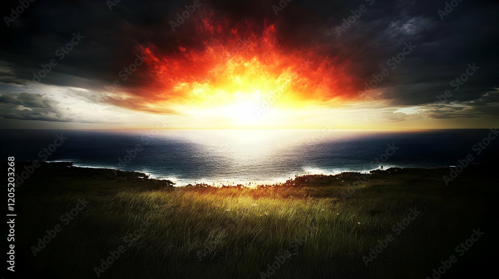 Fototapeta premium Fiery Sunset Illuminates Ocean and Grassy Coastline, Creating a Dramatic Landscape.