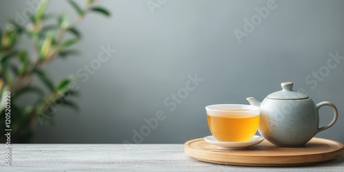 Wallpaper Mural Mindful living with wellness and peace concept. Tea set with a cup and pot on a wooden coaster. Torontodigital.ca