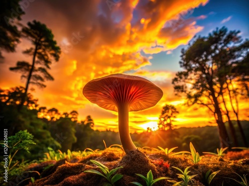 Medicinal Tiger Milk Mushroom (Lignosus rhinocerus) silhouette against the forest: nature's beauty, captured in silhouette. photo