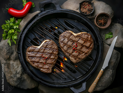 Two Heart-Shaped Steaks Gri...