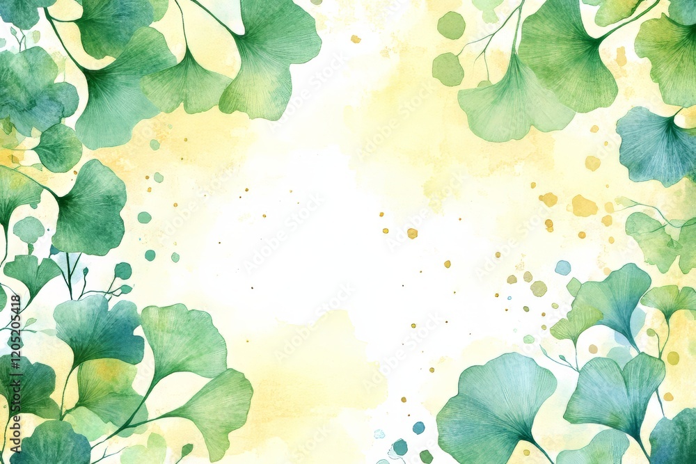 Fototapeta premium Elegant green ginkgo leaves framed by soft yellow hues and delicate watercolor textures.