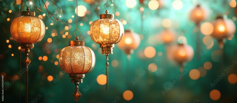 Festive lanterns glow, teal background Festive lanterns glow, teal background