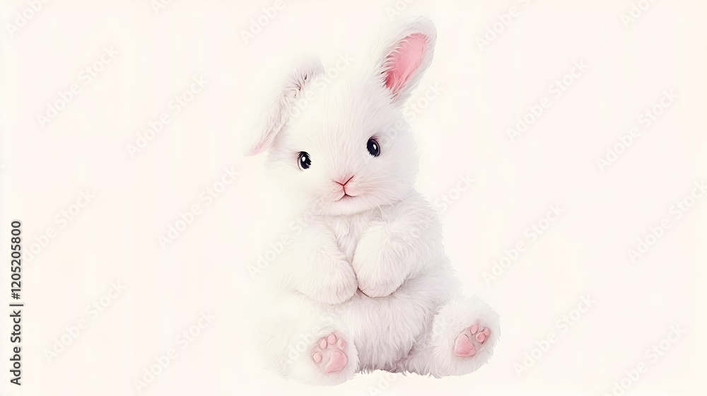 Obraz premium Adorable White Fluffy Bunny Sits Sweetly with Pink Paws on a White Background