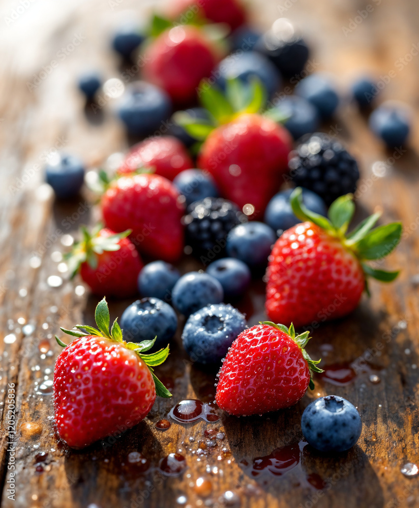 Fresh organic berries on a rustic wooden table, covered in droplets of water, Juice or Smoothie Ingredients Fresh organic berries on a rustic wooden table, covered in droplets of water, Juice or Smoothie Ingredients