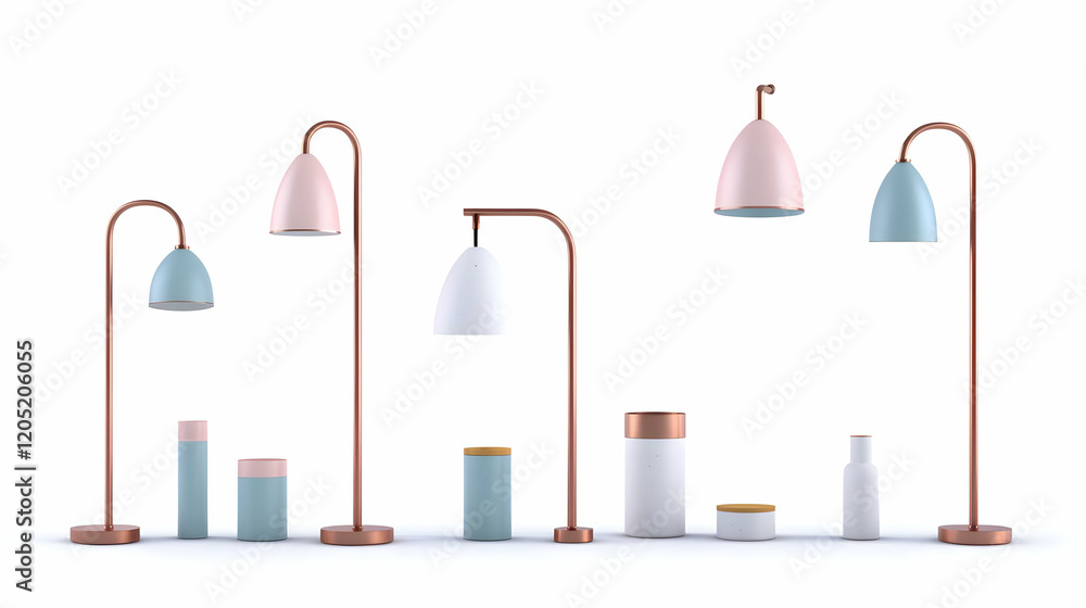 Modern Floor Lamps and Decorative Containers Illustration on a White Background Modern Floor Lamps and Decorative Containers Illustration on a White Background