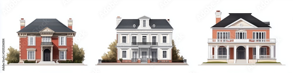 A collection of three distinct architectural Colonial Revival house style designs. The first is a red brick house with a classic entrance. The second is a white house featuring a balcony. A collection of three distinct architectural Colonial Revival house style designs. The first is a red brick house with a classic entrance. The second is a white house featuring a balcony.