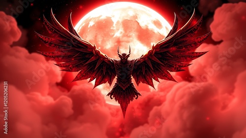 A crimson-winged avian deity soars majestically before a blood red moon in a night sky, a powerful and dramatic fantasy artwork. photo