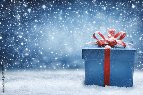 Blue Gift Box with Red Ribb...