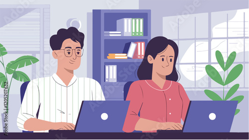 vector illustration of a modern office setting with employees working from home.